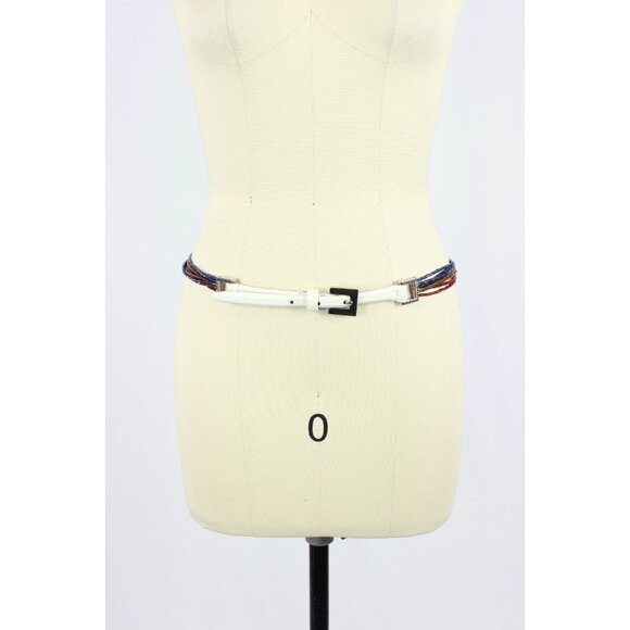 Vintage SANDY DUFTLER DESIGNS White Leather Beaded Chain Skinny Belt - Picture 8 of 10